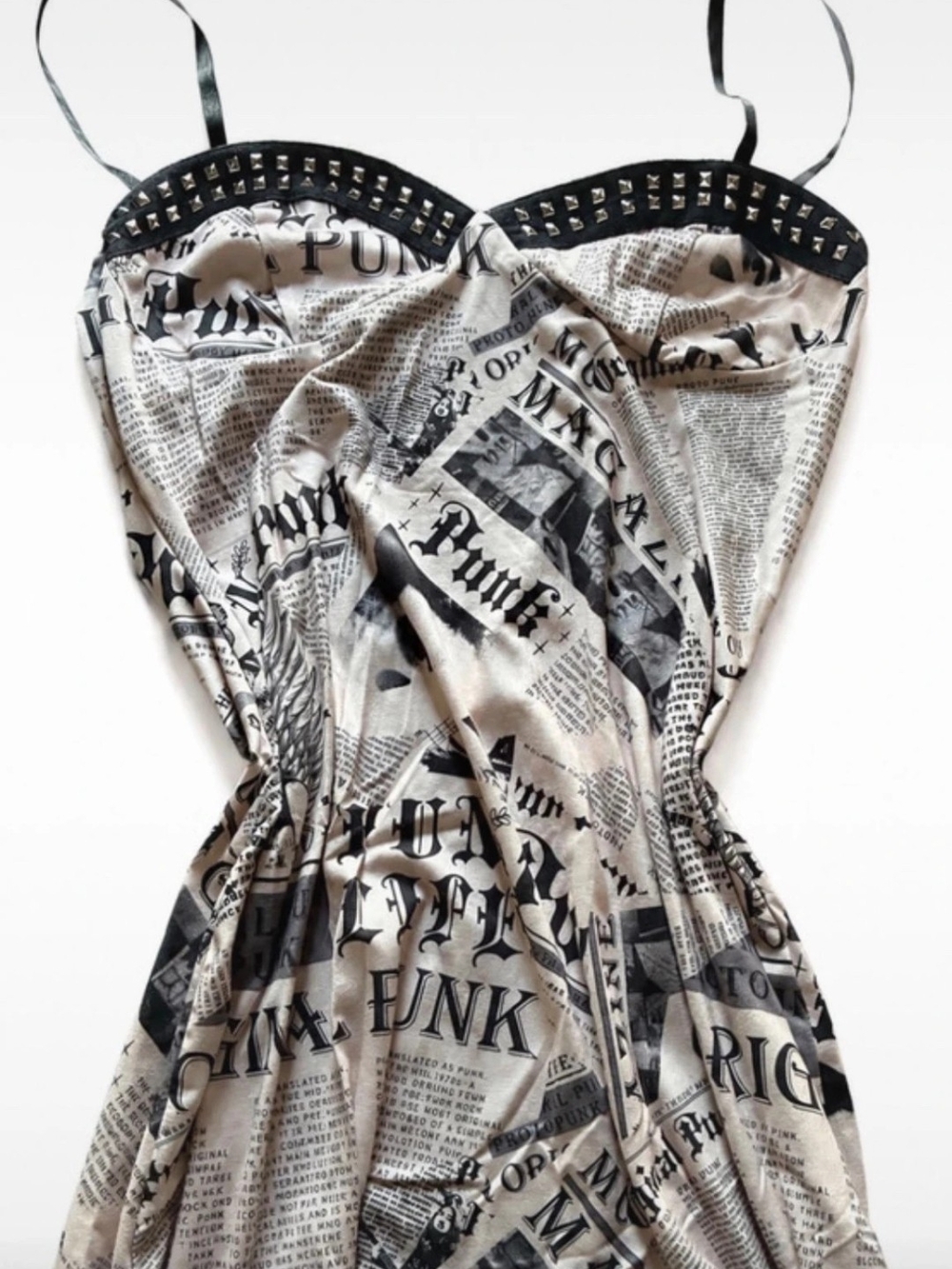 Newspaper Print Cami Dress with Studded Trim - White/Black. L